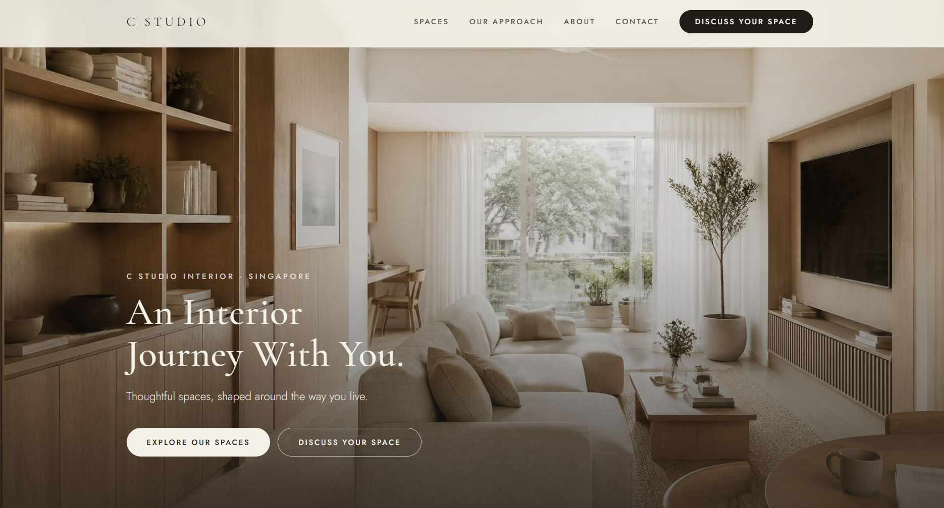 C Studio Interior concept website homepage showing a warm living room hero with the headline An Interior Journey With You